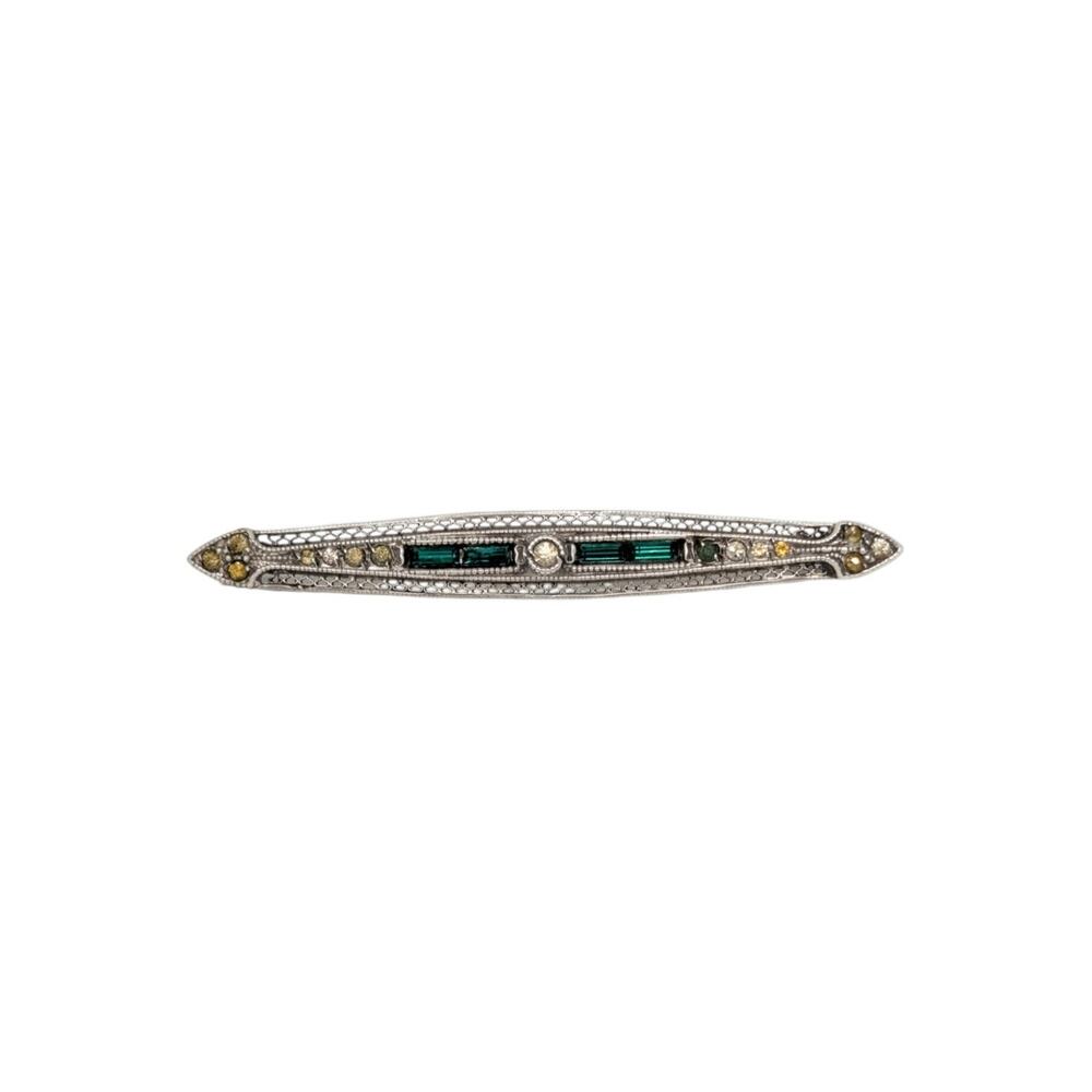 Vintage Art Deco Sterling Silver Green Baguette Rhinestone Bar Brooch